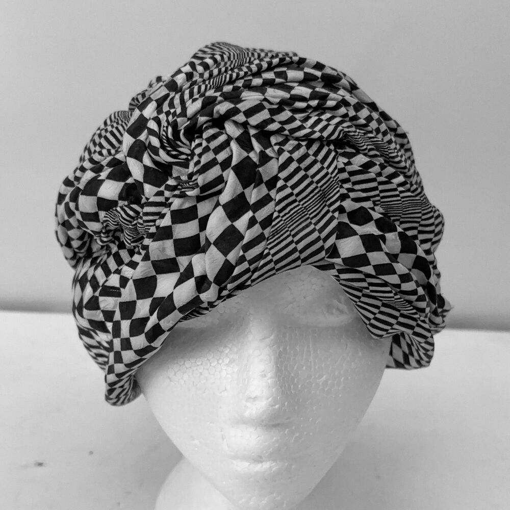 VTG Black & White Check Pattern Womens Turban Hat Pleated Mod 60s